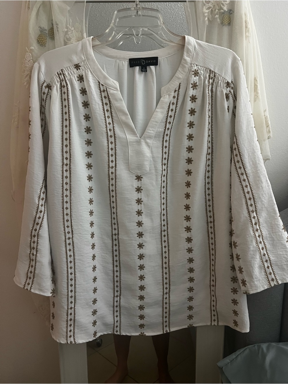 Fred David Cream White Tunic with Tan Floral Trim